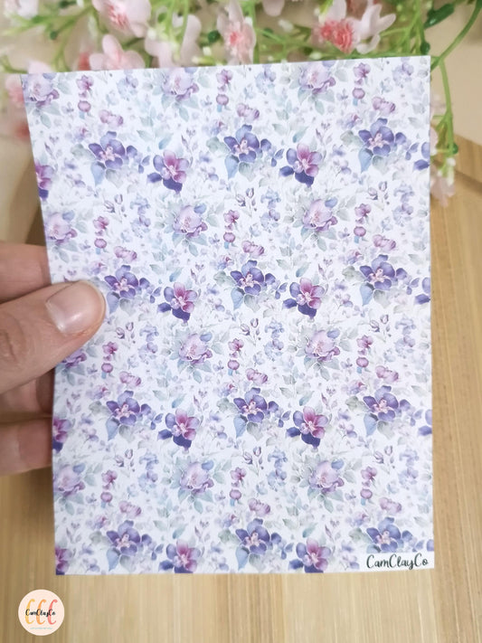 Feuille de transfert soluble à l'eau pour la fabrication de bijoux en argile polymère - Purple flowers 01