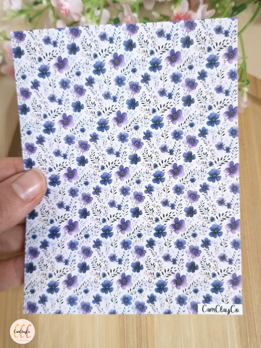 Feuille de transfert soluble à l'eau pour la fabrication de bijoux en argile polymère - Purple flowers 03