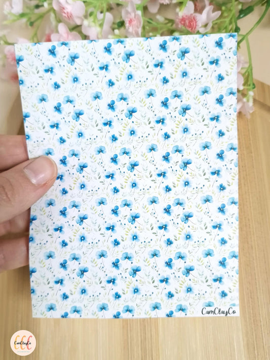 Feuille de transfert soluble à l'eau pour la fabrication de bijoux en argile polymère - Blue flowers 01