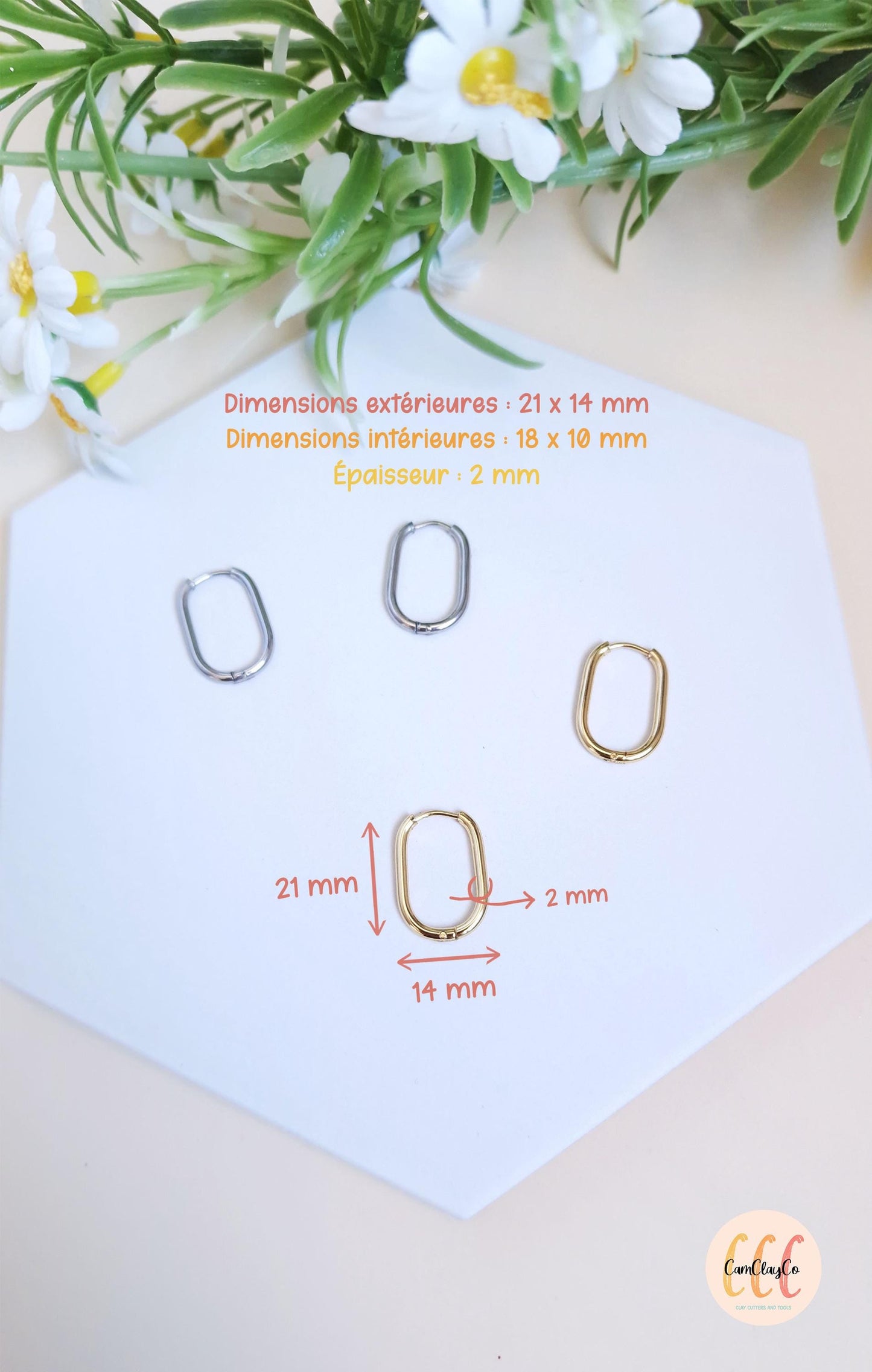Boucles d'oreilles créoles ovales 21 x 14 mm, épaisseur 2 mm en acier inoxydable pour la fabrication de bijoux, doré et argenté - 2 pièces