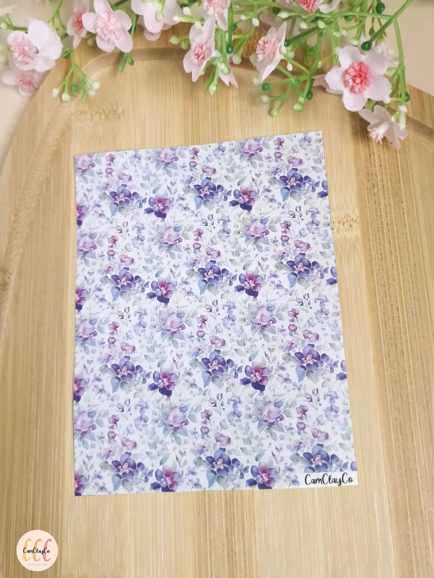 Feuille de transfert soluble à l'eau pour la fabrication de bijoux en argile polymère - Purple flowers 01