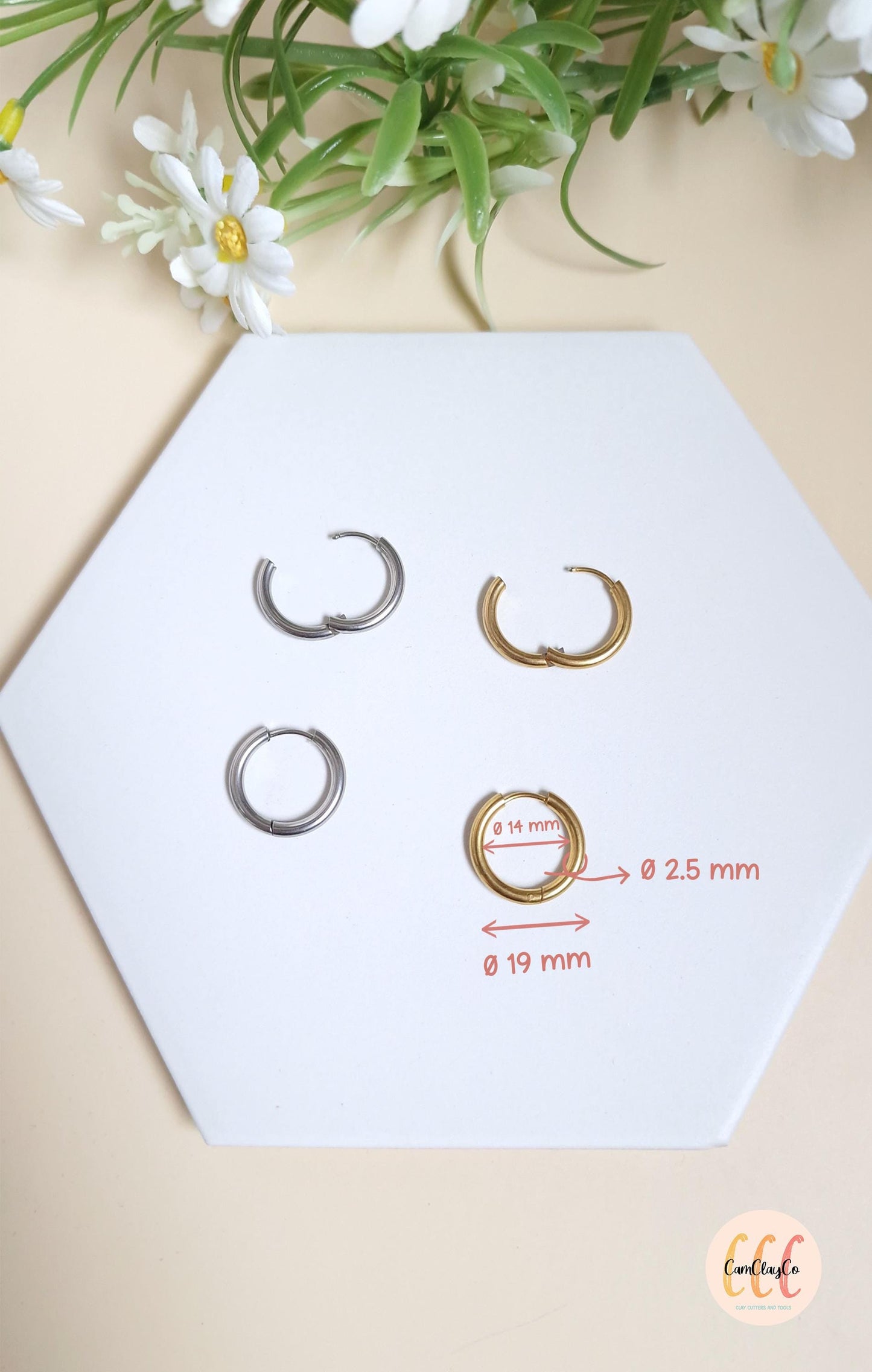 Boucles d'oreilles créoles diamètre 19 mm épaisseur 2,5 mm en acier inoxydable, doré et argenté - 2 pièces