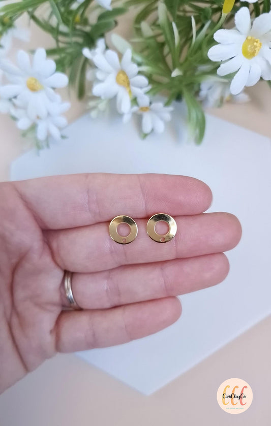Boucles d'oreilles cercles troués en acier inoxydable pour la fabrication de bijoux, doré et argenté - 2 pièces