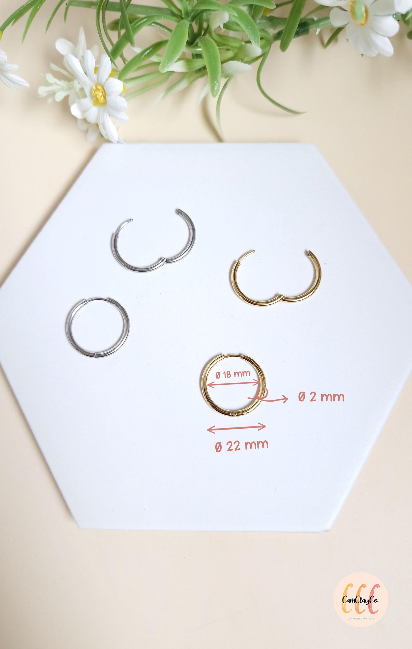 Boucles d'oreilles créoles diamètre 22 mm épaisseur 2 mm en acier inoxydable pour la fabrication de bijoux, doré et argenté - 2 pièces