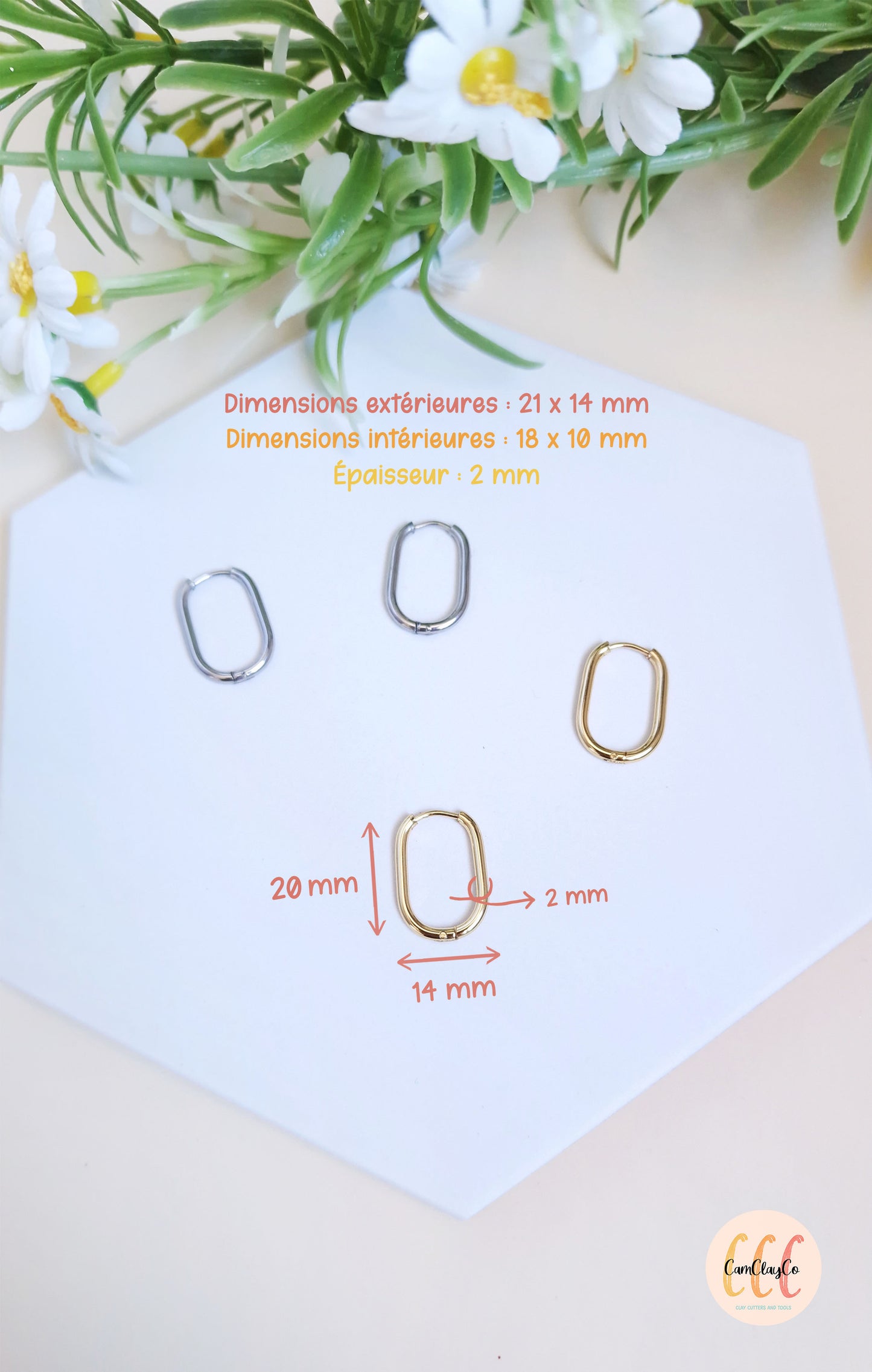 Boucles d'oreilles créoles ovales 20 x 14 mm, épaisseur 2 mm en acier inoxydable pour la fabrication de bijoux, doré et argenté - 2 pièces