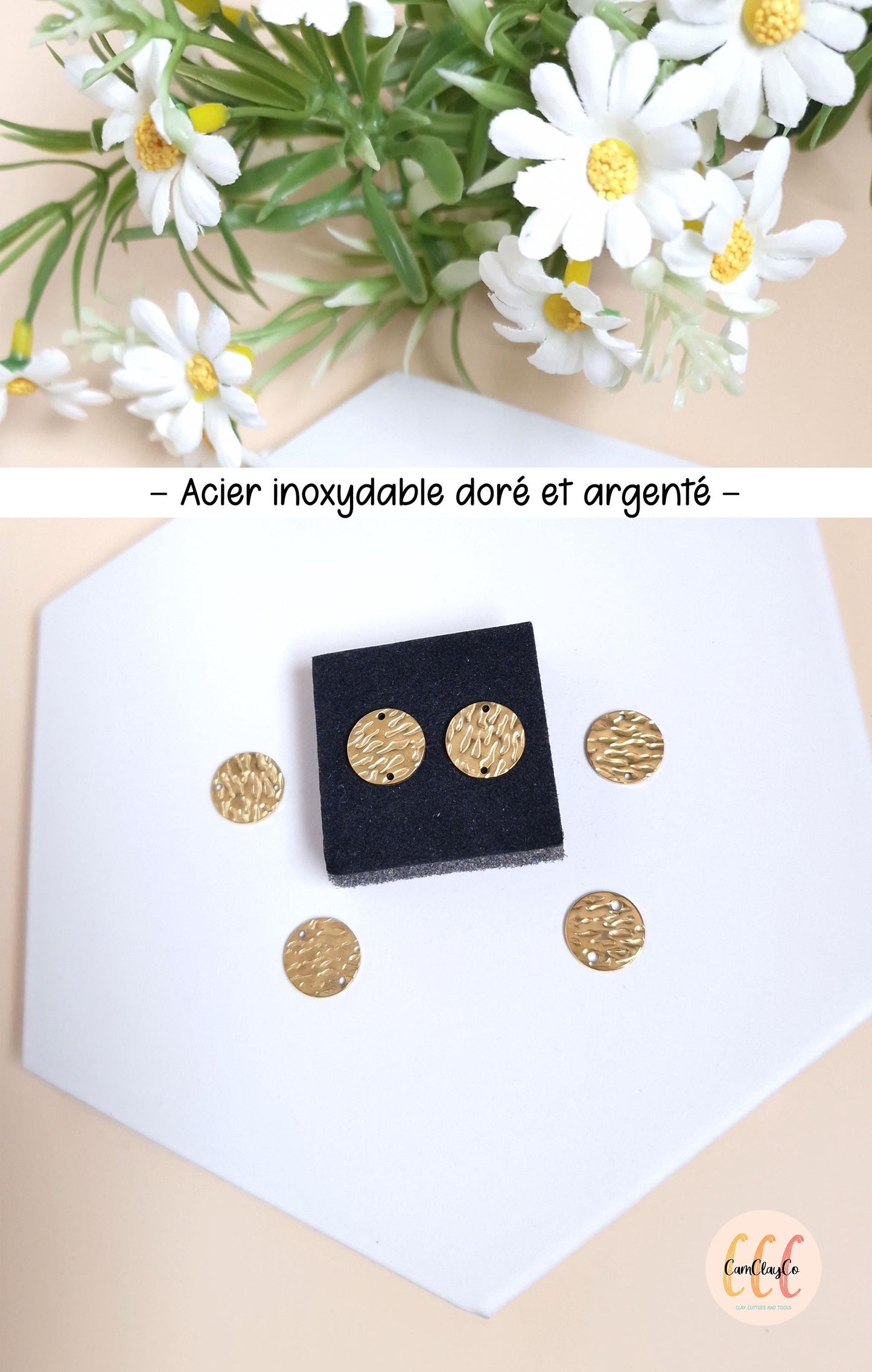 Connecteurs ronds texturés 12 mm en acier inoxydable pour la fabrication de bijoux, doré et argenté - 6 pièces