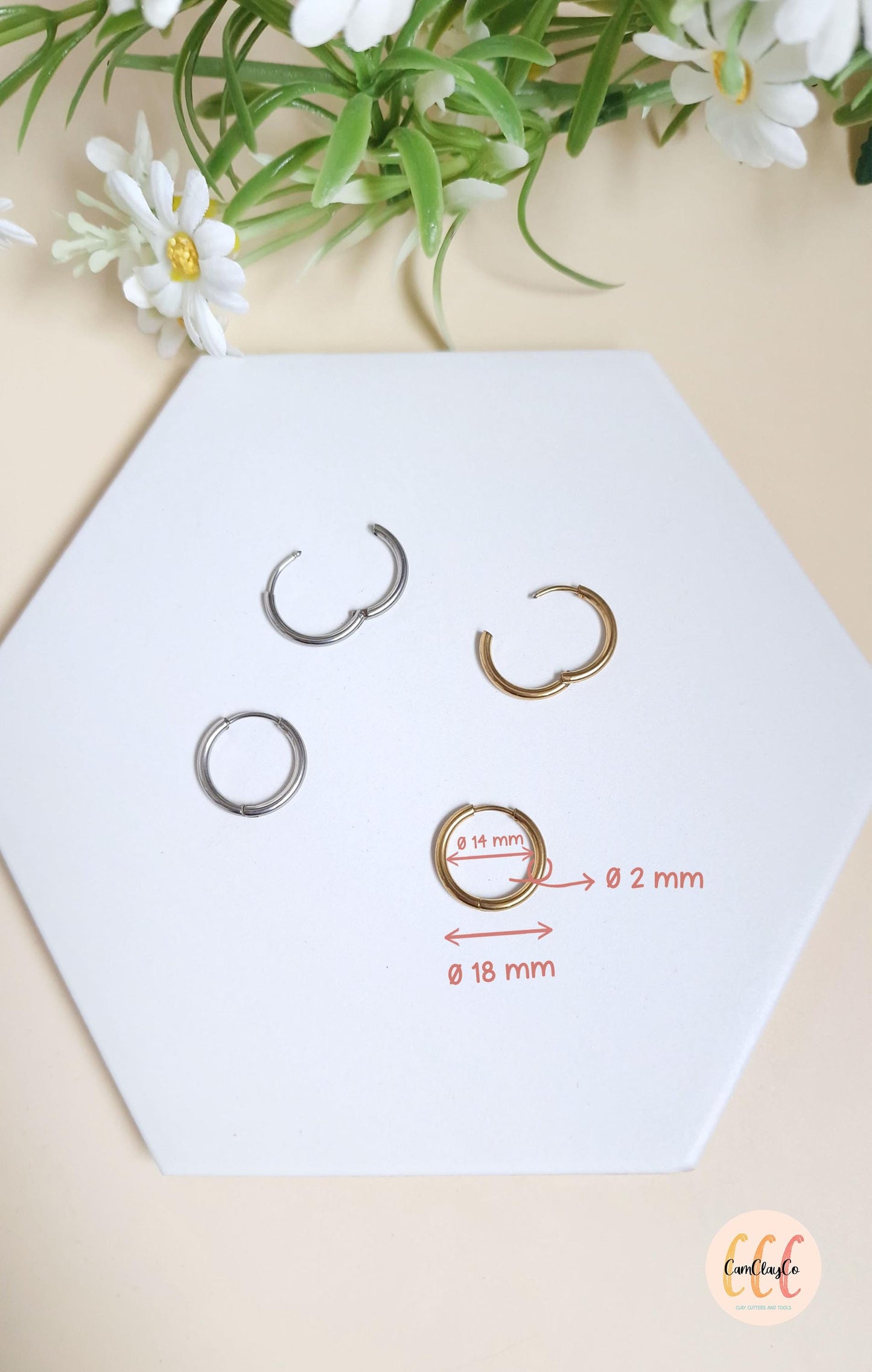 Boucles d'oreilles créoles diamètre 18 mm épaisseur 2 mm en acier inoxydable pour la fabrication de bijoux, doré et argenté - 2 pièces