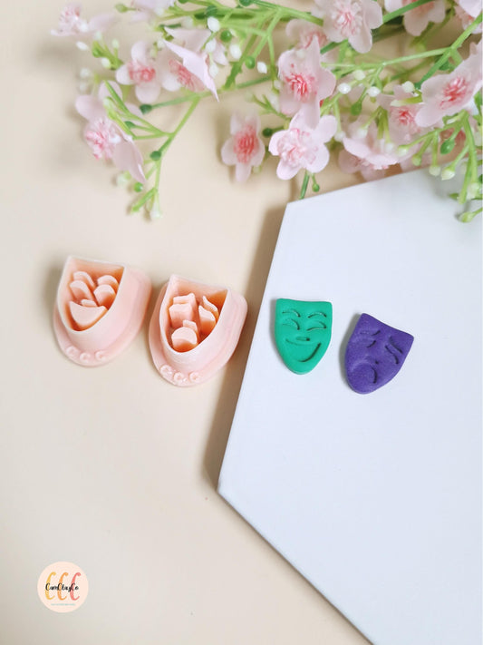 Emporte-pièce 3D en forme de masques content et triste pour la fabrication de bijoux en argile polymère - Mardi Gras