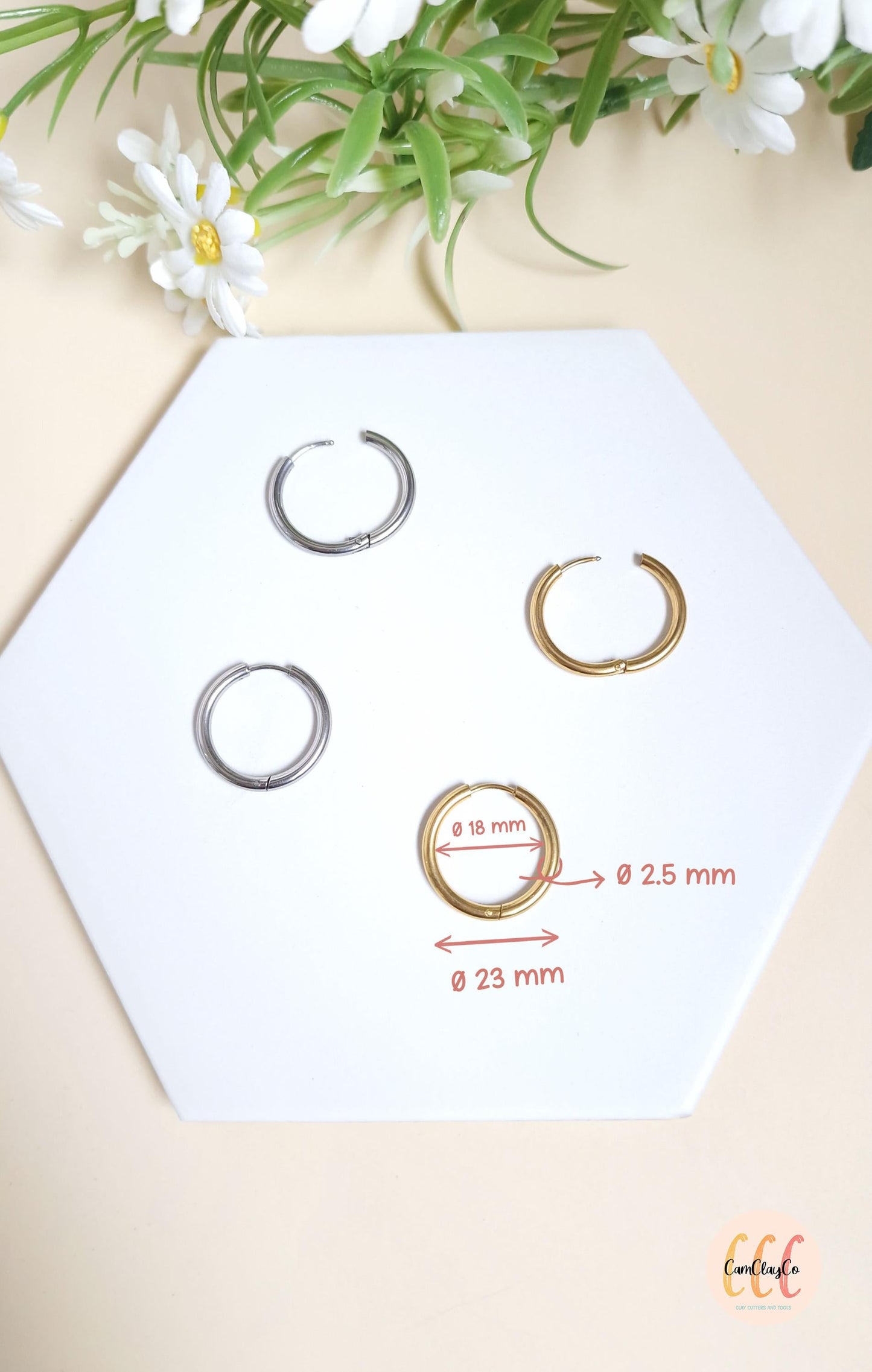 Boucles d'oreilles créoles diamètre 23 mm épaisseur 2,5 mm en acier inoxydable pour la fabrication de bijoux, doré et argenté - 2 pièces