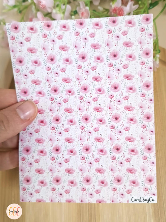 Feuille de transfert soluble à l'eau pour la fabrication de bijoux en argile polymère - Pink flowers 01