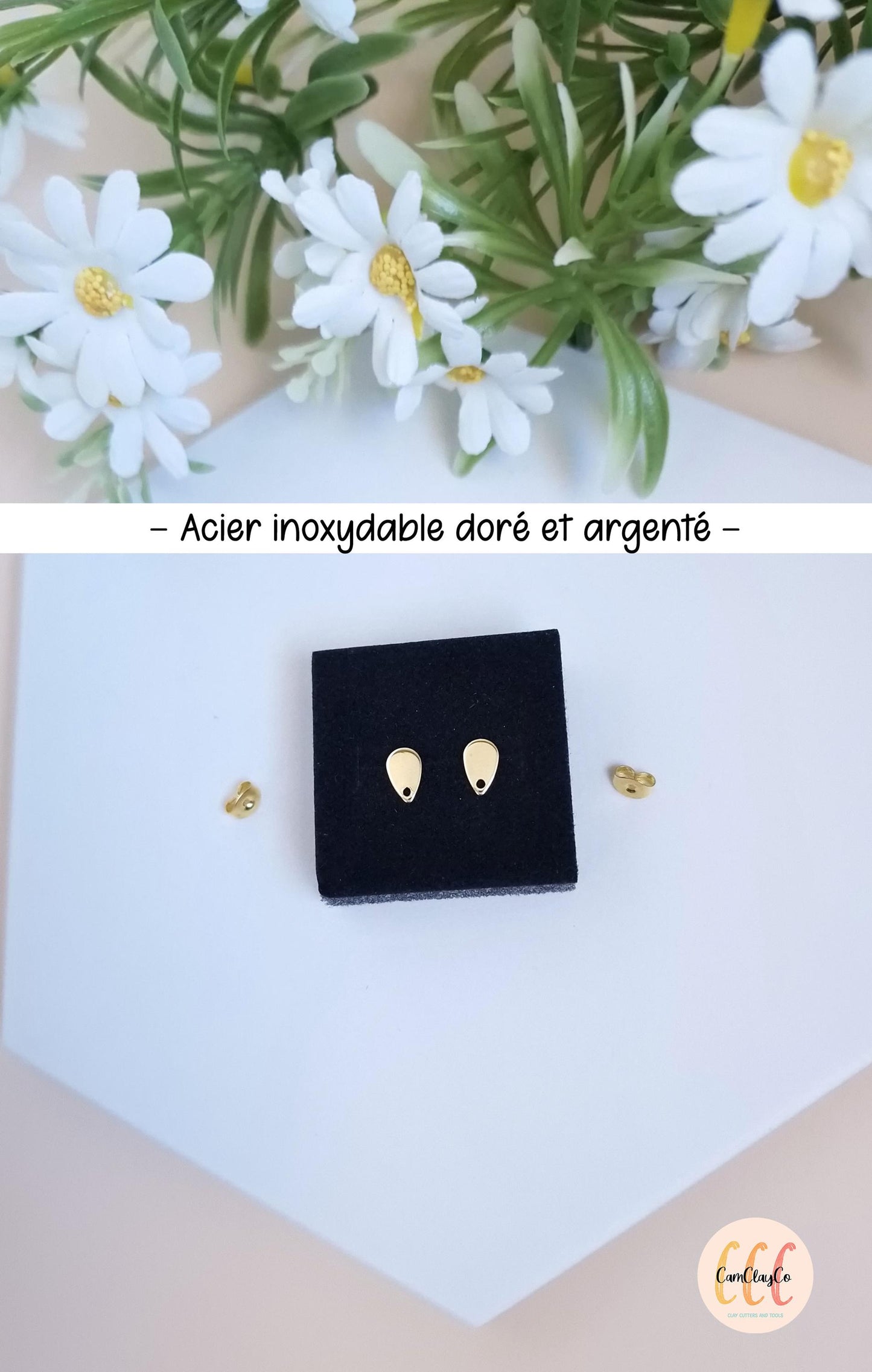 Boucles d'oreilles petites gouttes en acier inoxydable pour la fabrication de bijoux, doré et argenté - 2 pièces