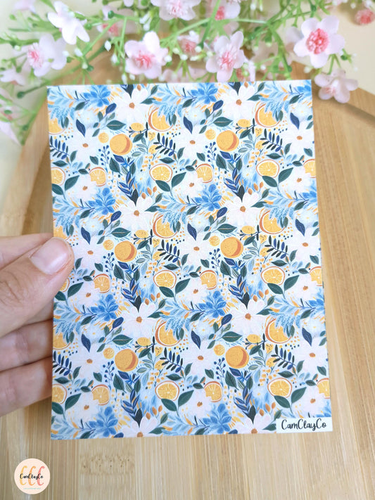 Feuille de transfert soluble à l'eau pour la fabrication de bijoux en argile polymère - Oranges feuilles bleues