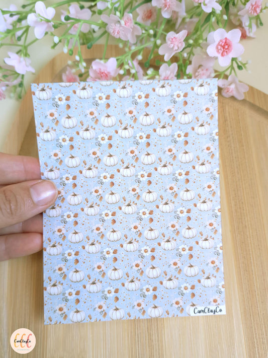 Feuille de transfert soluble à l'eau pour la fabrication de bijoux en argile polymère - Citrouilles blanches