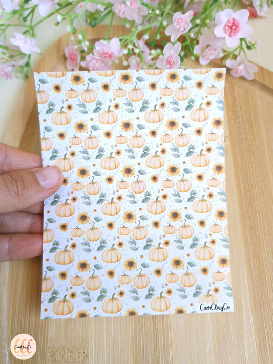 Feuille de transfert soluble à l'eau pour la fabrication de bijoux en argile polymère - Citrouilles tournesols