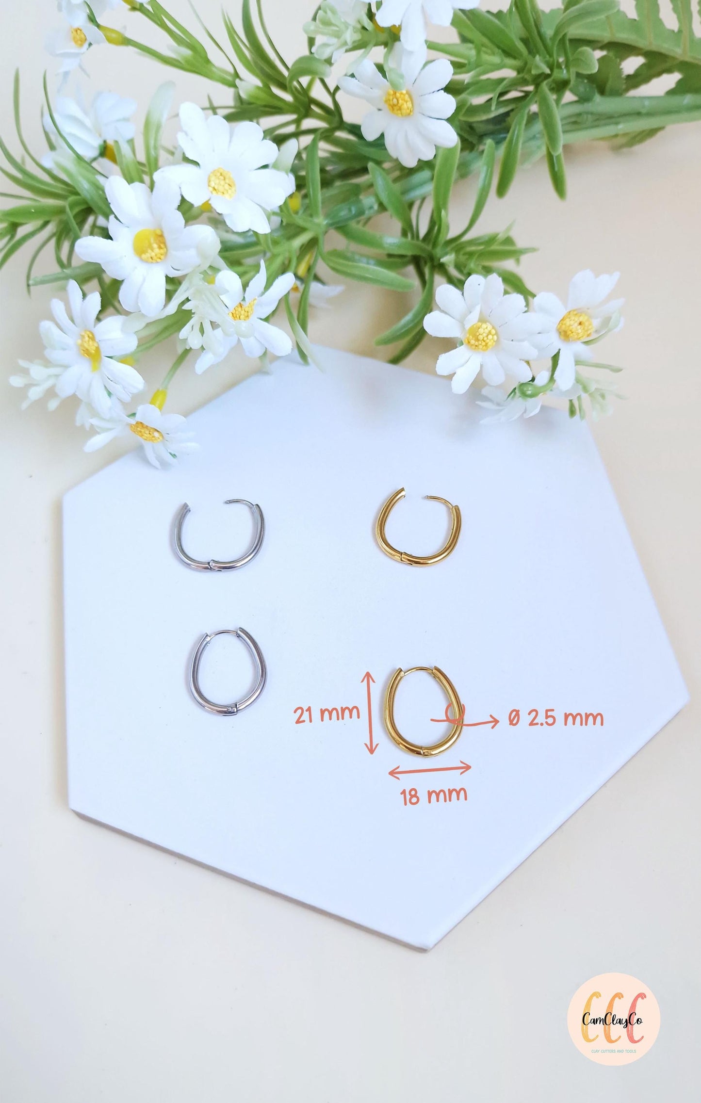 Boucles d'oreilles créoles ovales œufs en acier inoxydable pour la fabrication de bijoux, doré et argenté - 2 pièces