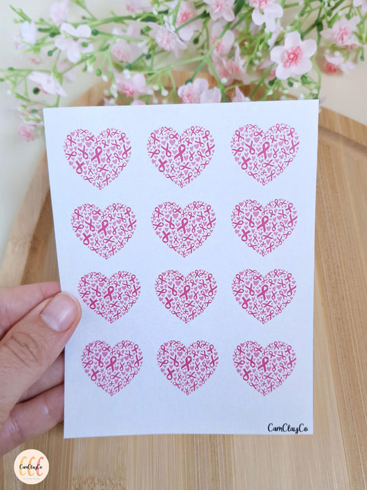 Feuille de transfert soluble à l'eau pour la fabrication de bijoux en argile polymère - Cœurs octobre rose 25 mm