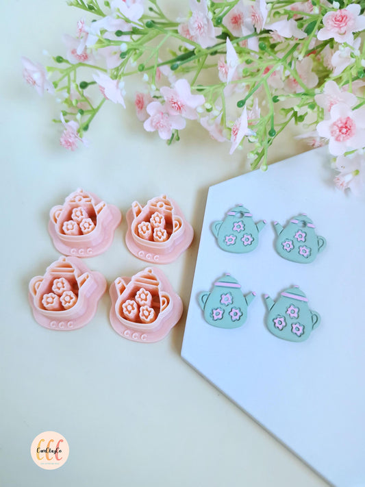 Emporte-pièces 3D théières avec fleurs pour la fabrication de bijoux en argile polymère, créoles interchangeables, pampilles