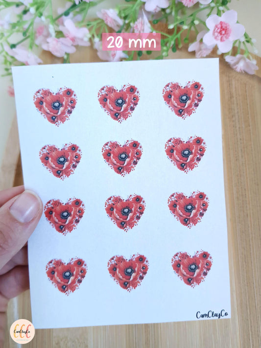 Feuille de transfert soluble à l'eau - Cœurs coquelicots