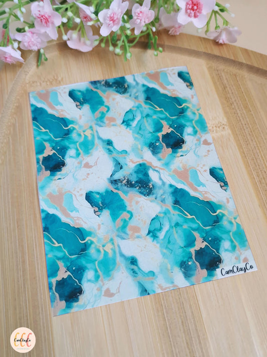 Feuille de transfert soluble à l'eau pour la fabrication de bijoux en argile polymère - Marbre turquoise