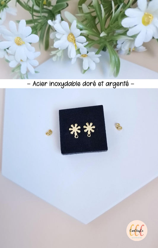 Boucles d'oreilles fleurs en acier inoxydable pour la fabrication de bijoux, doré et argenté - 2 pièces