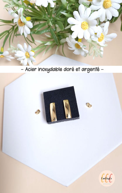 Boucles d'oreilles barres rectangles bombées en acier inoxydable pour la fabrication de bijoux, doré et argenté - 2 pièces