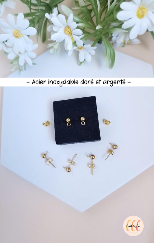 Boucles d'oreilles clous boules en acier inoxydable pour la fabrication de bijoux, doré et argenté - 6 pièces
