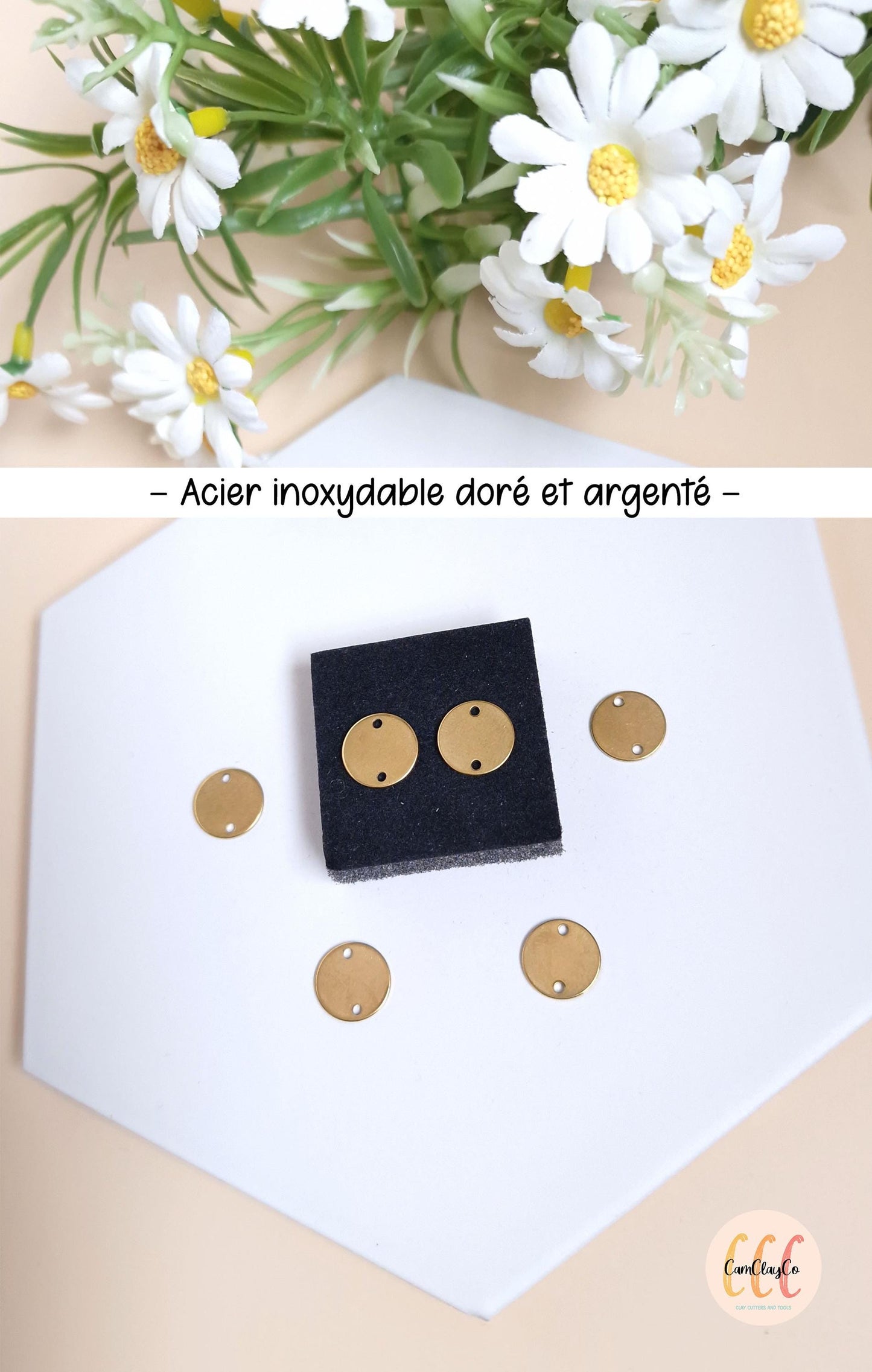 Connecteurs ronds lisses 12 mm en acier inoxydable pour la fabrication de bijoux, doré et argenté - 6 pièces