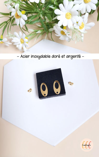 Boucles d'oreilles ovales troués en acier inoxydable pour la fabrication de bijoux, doré et argenté - 2 pièces