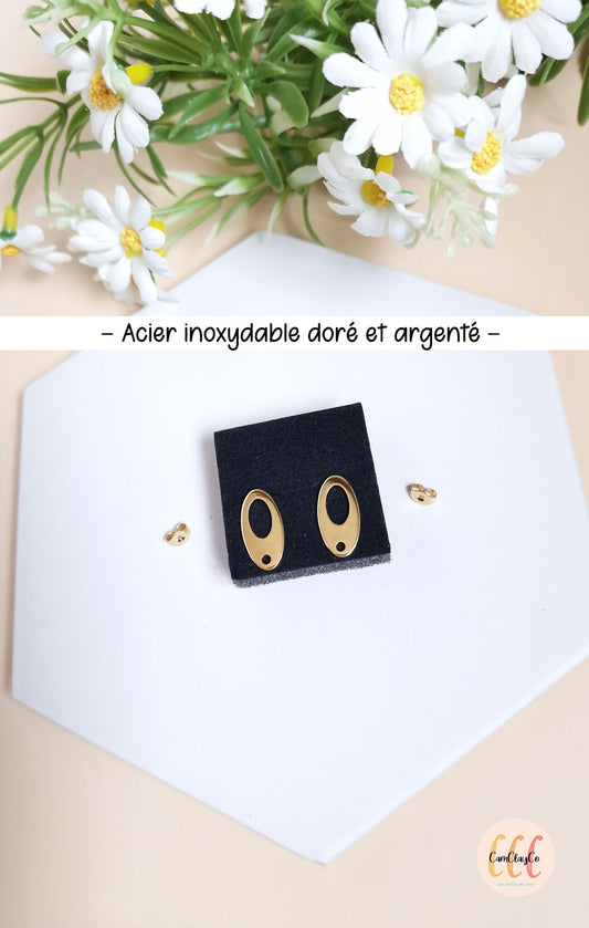 Boucles d'oreilles ovales troués en acier inoxydable pour la fabrication de bijoux, doré et argenté - 2 pièces