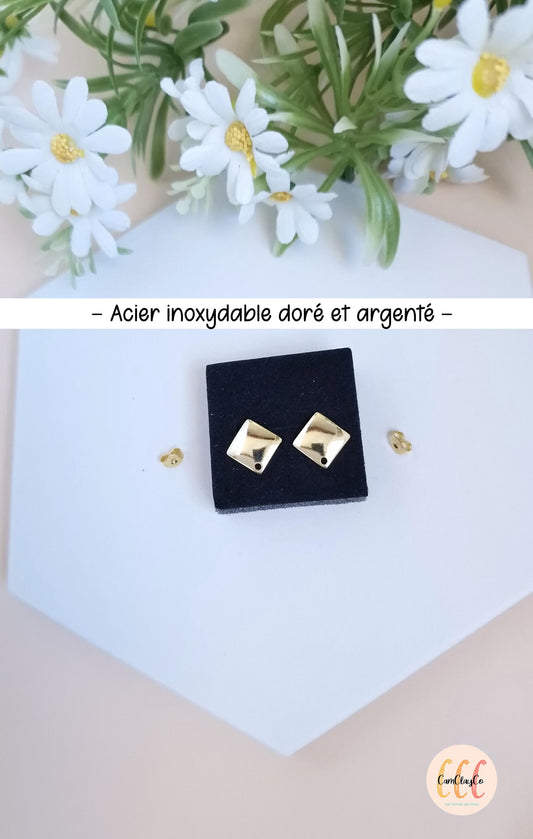Boucles d'oreilles carrés en acier inoxydable pour la fabrication de bijoux, doré et argenté - 2 pièces
