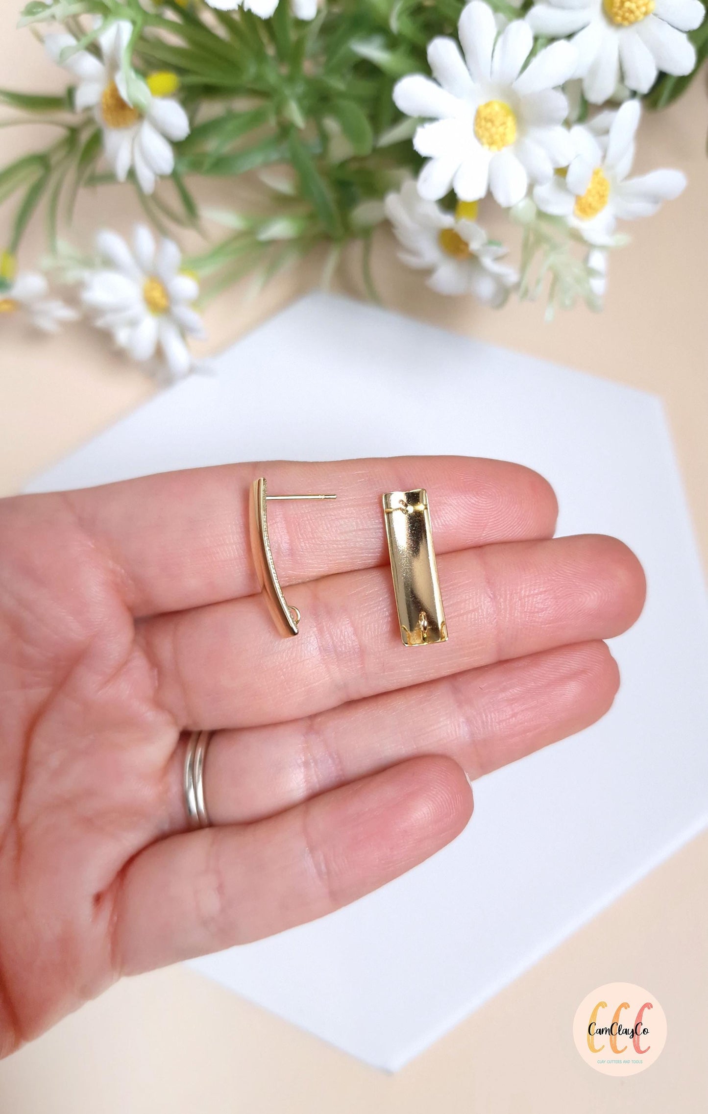 Boucles d'oreilles barres rectangles bombées en acier inoxydable pour la fabrication de bijoux, doré et argenté - 2 pièces