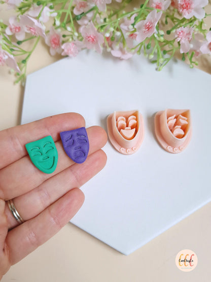 Emporte-pièce 3D en forme de masques content et triste pour la fabrication de bijoux en argile polymère - Mardi Gras