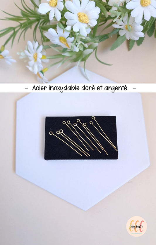 Épingles, tige à œil 40 mm en acier inoxydable pour la fabrication de bijoux, doré et argenté - 10 pièces