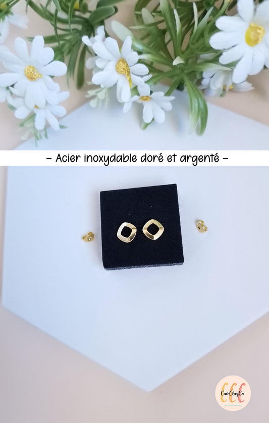 Boucles d'oreilles losanges arrondis troués en acier inoxydable pour la fabrication de bijoux, doré et argenté - 2 pièces