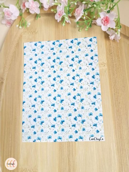Feuille de transfert soluble à l'eau pour la fabrication de bijoux en argile polymère - Blue flowers 01