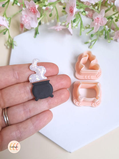 Lot de 2 emporte-pièces 3D en forme de chaudron et de fumée, Halloween, pour la fabrication de bijoux en argile polymère