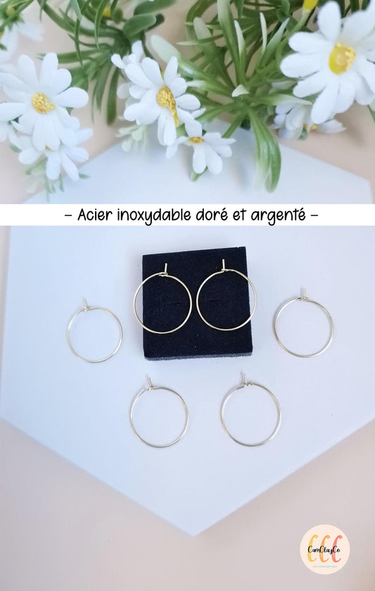 Boucles d'oreilles créoles 20 mm en acier inoxydable pour la fabrication de bijoux, doré et argenté - 6 pièces