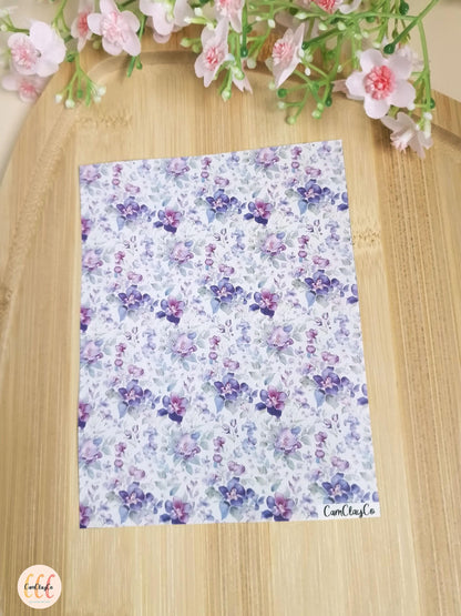 Feuille de transfert soluble à l'eau pour la fabrication de bijoux en argile polymère - Purple flowers 01