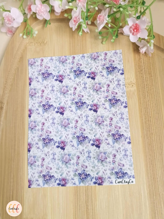Feuille de transfert soluble à l'eau pour la fabrication de bijoux en argile polymère - Purple flowers 01