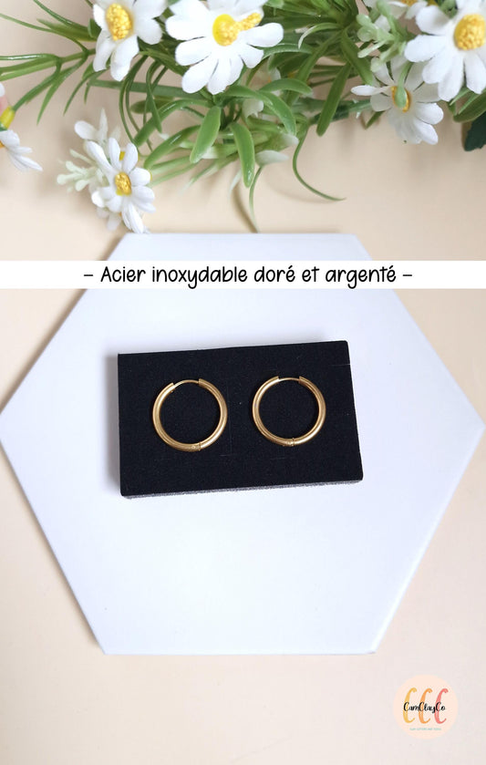 Boucles d'oreilles créoles diamètre 23 mm épaisseur 2,5 mm en acier inoxydable pour la fabrication de bijoux, doré et argenté - 2 pièces