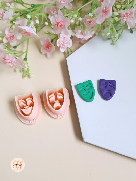 Emporte-pièce 3D en forme de masques content et triste pour la fabrication de bijoux en argile polymère - Mardi Gras