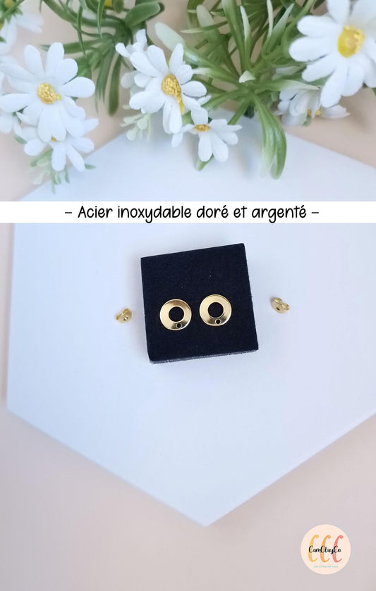 Boucles d'oreilles cercles troués en acier inoxydable pour la fabrication de bijoux, doré et argenté - 2 pièces