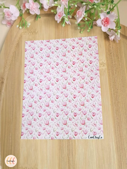 Feuille de transfert soluble à l'eau pour la fabrication de bijoux en argile polymère - Pink flowers 02