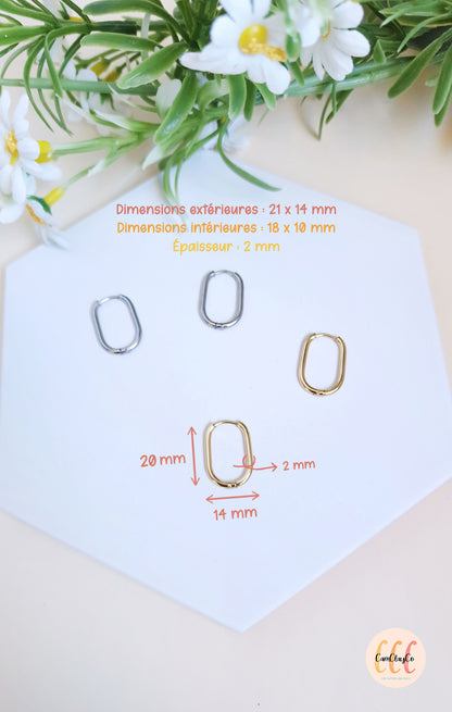 Boucles d'oreilles créoles ovales 20 x 14 mm, épaisseur 2 mm en acier inoxydable pour la fabrication de bijoux, doré et argenté - 2 pièces