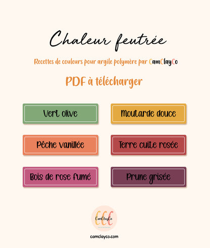 Recettes de couleurs pour argile polymère - 6 teintes - Chaleur feutrée