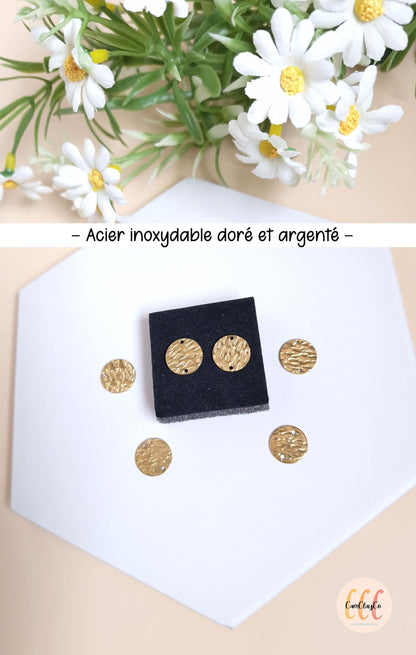 Connecteurs ronds texturés 12 mm en acier inoxydable pour la fabrication de bijoux, doré et argenté - 6 pièces