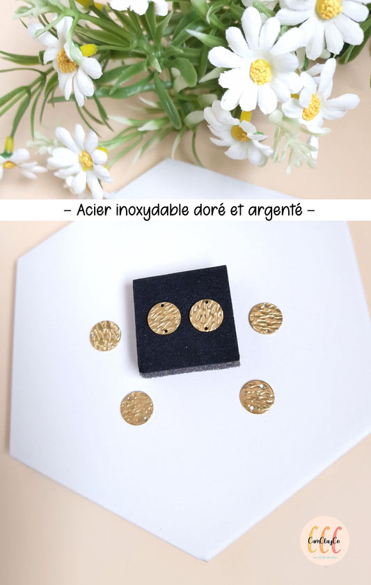 Connecteurs ronds texturés 12 mm en acier inoxydable pour la fabrication de bijoux, doré et argenté - 6 pièces
