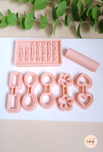 Lot de 5 emporte-pièces porte-clés + alphabet et boîte + rouleau de texture effet cuir pour les créations en argile polymère