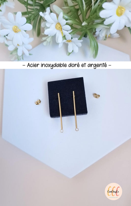 Boucles d'oreilles longues barres en acier inoxydable pour la fabrication de bijoux, doré et argenté - 2 pièces