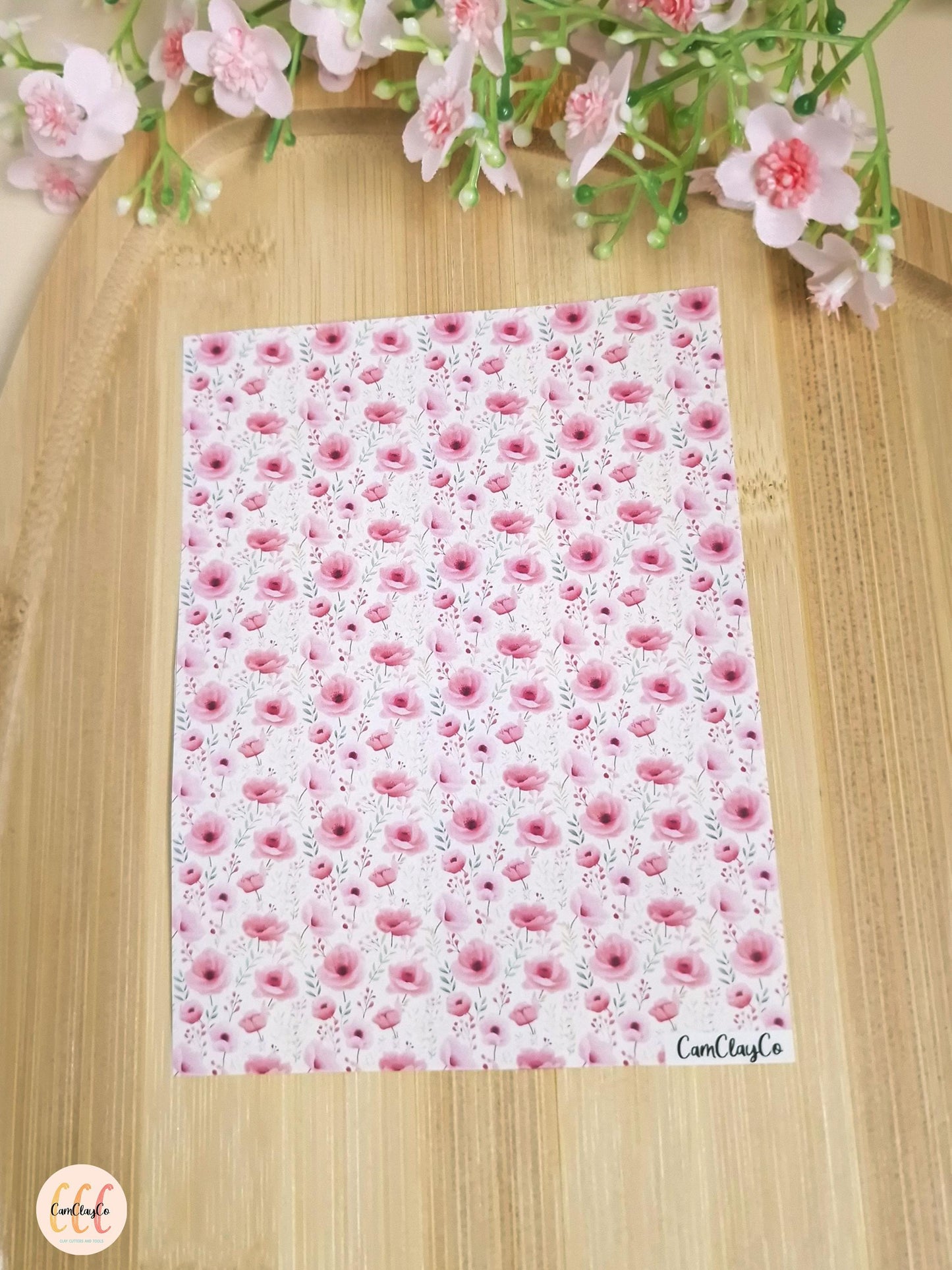 Feuille de transfert soluble à l'eau pour la fabrication de bijoux en argile polymère - Pink flowers 01